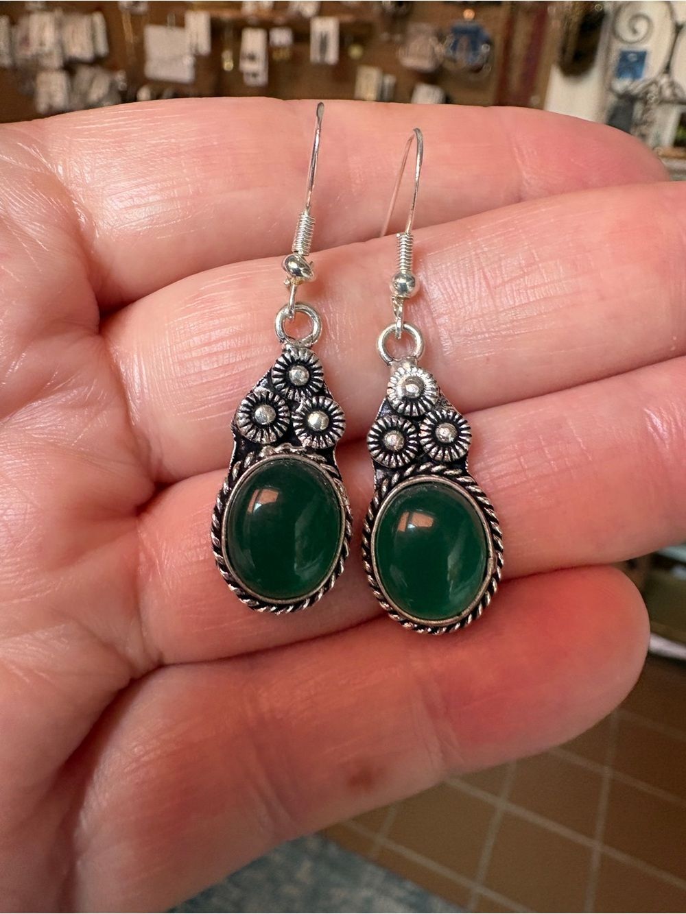 925 Polished Silver Green Onyx Earrings